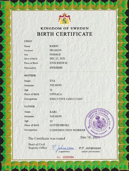 Sweden vital record birth certificate PSD template, fully editable